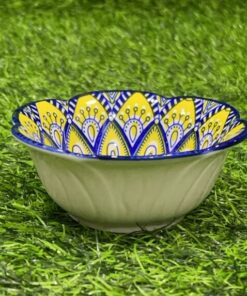 TAZA CERÁMICA PARA SALSA CON DISEÑOS DE COLOR AMARILLO Y AZUL 4"1UND