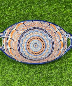 PLATO CERÁMICA ÓVALO CON AGARRADERA CON DISEÑOS COLOR ANARANJADO Y AZUL 11" 1UND