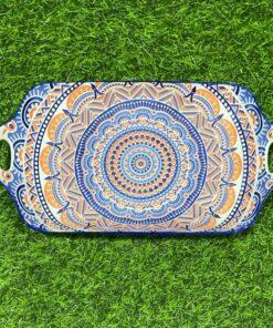 PLATO CERÁMICA RECTÁNGULO CON AGARRADERA CON DISEÑOS COLOR ANARANJADO Y AZUL 12" 1UND