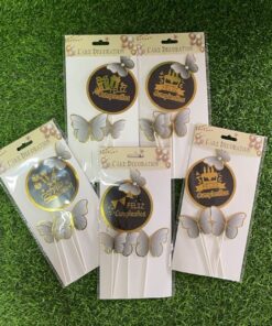 DECORACIÓN PARA QUEQUE DE FELIZ CUMPLEAÑOS Y MARIPOSA 1UND (4PCS)