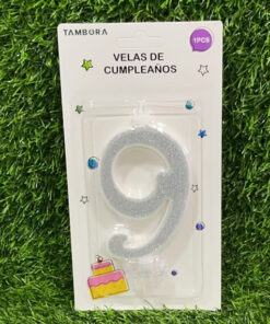 VELA NUMÉRICA CON ESCARCHA DE COLOR PLATEADA #9 9.5CM 1UND