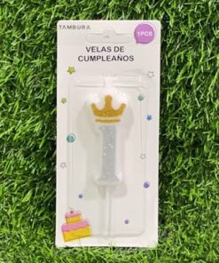 VELA NUMÉRICA CON CORONA Y ESCARCHADA COLOR PLATEADA #1 6CM 1UND