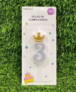 VELA NUMÉRICA CON CORONA Y ESCARCHADA COLOR PLATEADA #3 6CM 1UND