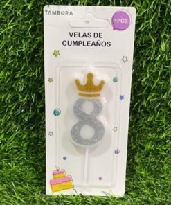 VELA NUMÉRICA CON CORONA Y ESCARCHADA COLOR PLATEADA #8 6CM 1UND