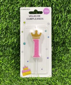 VELA NUMÉRICA CON CORONA Y ESCARCHADA COLOR ROSADA #1 6CM 1UND