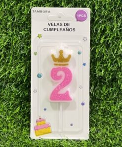 VELA NUMÉRICA CON CORONA Y ESCARCHADA COLOR ROSADA #2 6CM 1UND