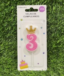VELA NUMÉRICA CON CORONA Y ESCARCHADA COLOR ROSADA #3 6CM 1UND