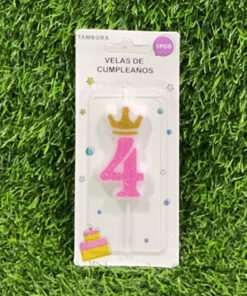 VELA NUMÉRICA CON CORONA Y ESCARCHADA COLOR ROSADA #4 6CM 1UND