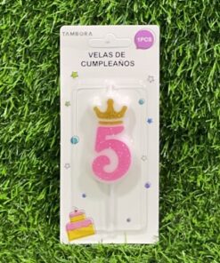 VELA NUMÉRICA CON CORONA Y ESCARCHADA COLOR ROSADA #5 6CM 1UND