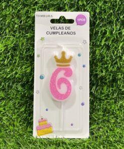 VELA NUMÉRICA CON CORONA Y ESCARCHADA COLOR ROSADA #6 6CM 1UND