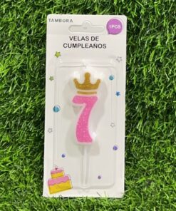 VELA NUMÉRICA CON CORONA Y ESCARCHADA COLOR ROSADA #7 6CM 1UND