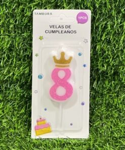 VELA NUMÉRICA CON CORONA Y ESCARCHADA COLOR ROSADA #8 6CM 1UND