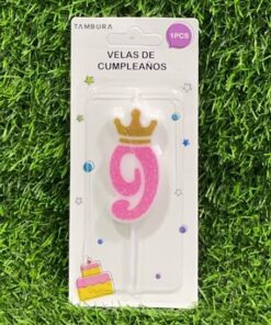 VELA NUMÉRICA CON CORONA Y ESCARCHADA COLOR ROSADA #9 6CM 1UND