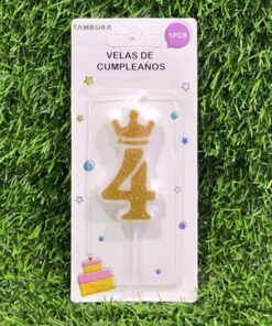 VELA NUMÉRICA CON CORONA Y ESCARCHADA COLOR DORADA #4 6CM 1UND