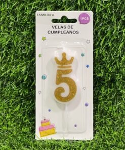 VELA NUMÉRICA CON CORONA Y ESCARCHADA COLOR DORADA #5 6CM 1UND