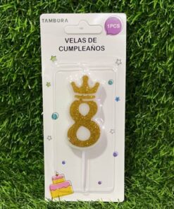 VELA NUMÉRICA CON CORONA Y ESCARCHADA COLOR DORADA #8 6CM 1UND