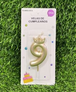 VELA NUMÉRICA CON CORONA COLOR DORADA #9 6.8CM 1UND