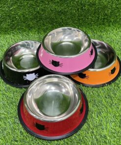 TAZA ACERO PARA MASCOTA DE COLOR LISO Y DISEÑO GATO 17.5CM 1UND