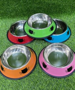 TAZA ACERO PARA MASCOTA DE COLOR LISO Y DISEÑO GATO 21CM 1UND