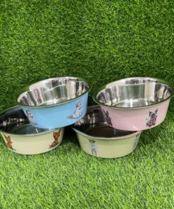 TAZA ACERO PARA MASCOTA DE COLOR LISO Y DISEÑO PERO CON HUELLA ABAJO 17CM 1UND