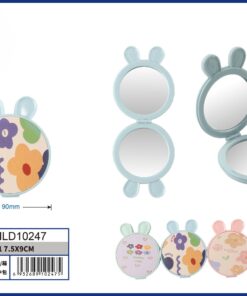 ESPEJO DOBLE PARA BOLSO DE REDONDO CON OREJA DE CONEJO DISEÑO FLORES 7.5*9CM 1UND