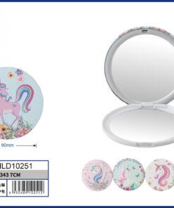 ESPEJO DOBLE PARA BOLSO DE REDONDO DISEÑO UNICORNIO 7CM 1UND