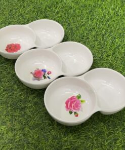 TACITA PARA SALSA MELAMINA DE REDONDO 2 ESPACIOS CON DISEÑO FLOR 1UND / 90161-136